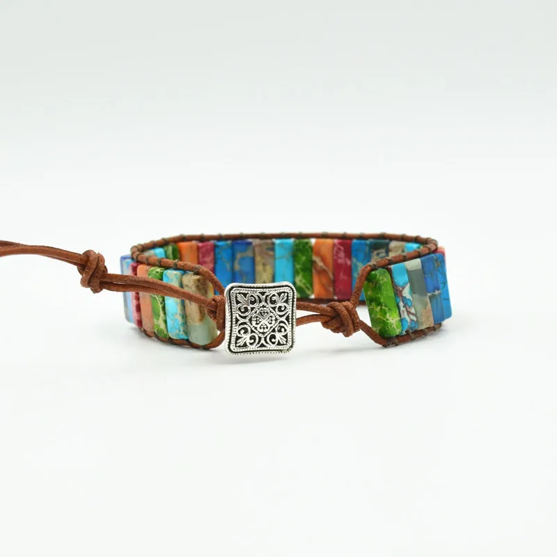 

Chakra Bracelet Jewelry Handmade Multi Color Natural Stone Tube Beads Leather Wrap Bracelet Couples Bracelets Creative Gifts