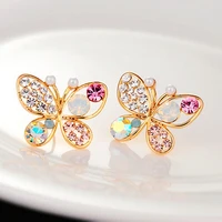 pop cute butterfly stud earrings colored rhinestones hollow pearl butterfly creative animal earrings women jewelry girls gift