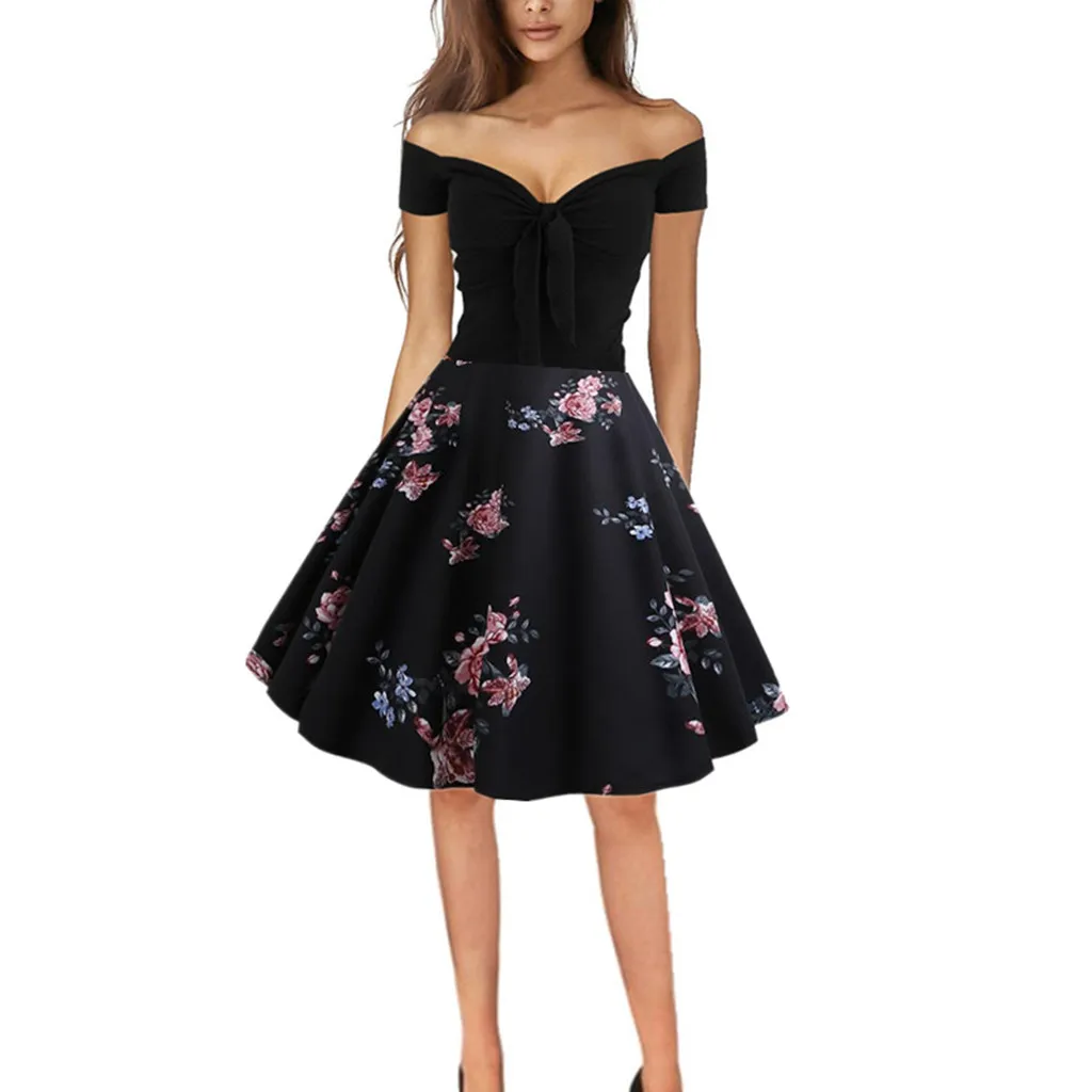 Женское короткое платье с открытыми плечами в винтажном стиле|Женские платья| |