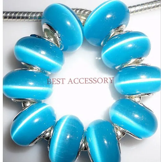 

Opal Cats Eye Large Hole Stone Charm Beads! 50pcs 9*14mm Lake Blue Big Hole Spacer Beads Fit European Jewelry Craft Making