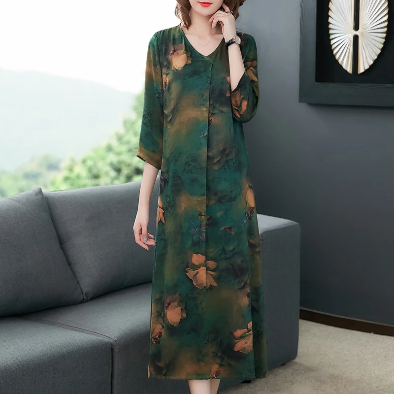 Зеленое шелковое платье 2019 летнее размера плюс большое для женщин высокое
