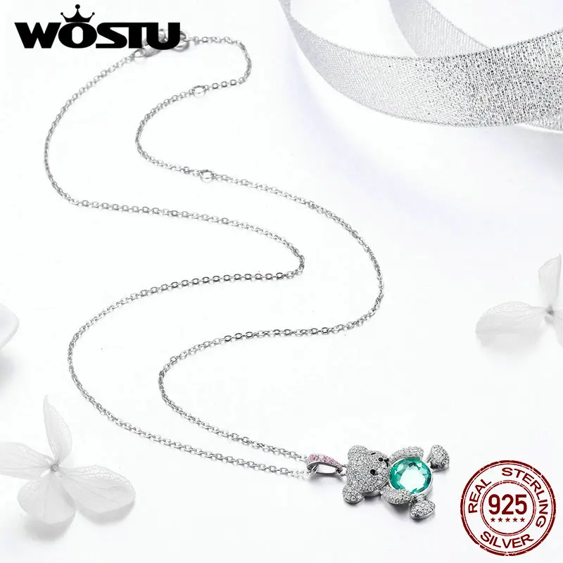 WOSTU, высокое качество, 925 пробы, серебро, сверкающий, милый медведь, подвеска, колье, ожерелье для женщин, девушек, ювелирное изделие, подарок на день рождения, FIN265