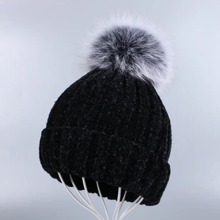 Fox Pom black hat Новые женские зимние шапки из синели, помпоны из натурального меха лисы и норки, винтажные повседневные шапочки в полоску с помпонами - Цвет: Fox Pom black hat