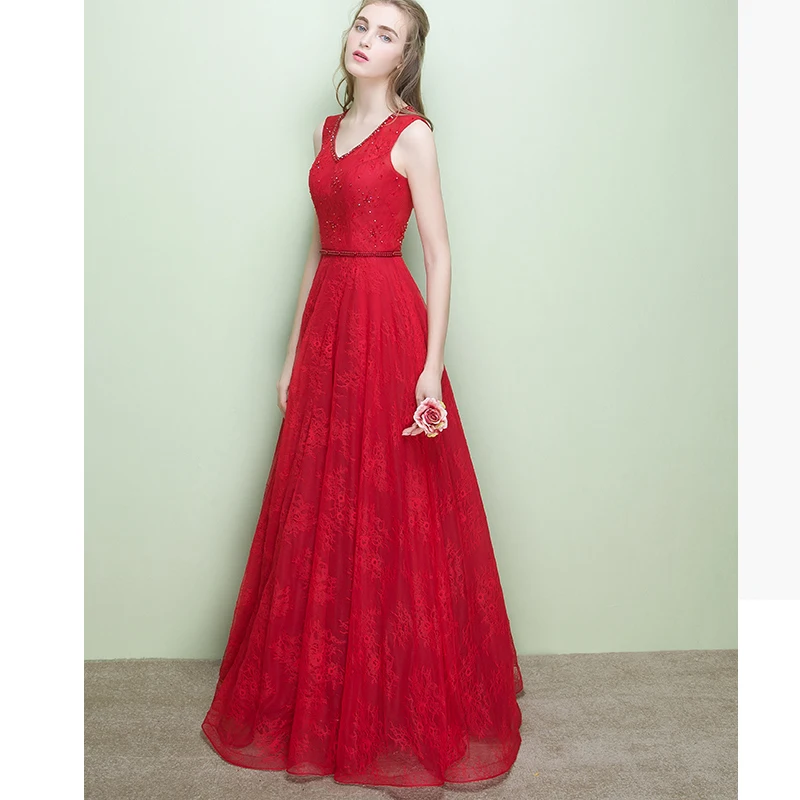 Мода Красный Кружева Длинное Вечернее Платье Невесты Элегантные Линии V образным