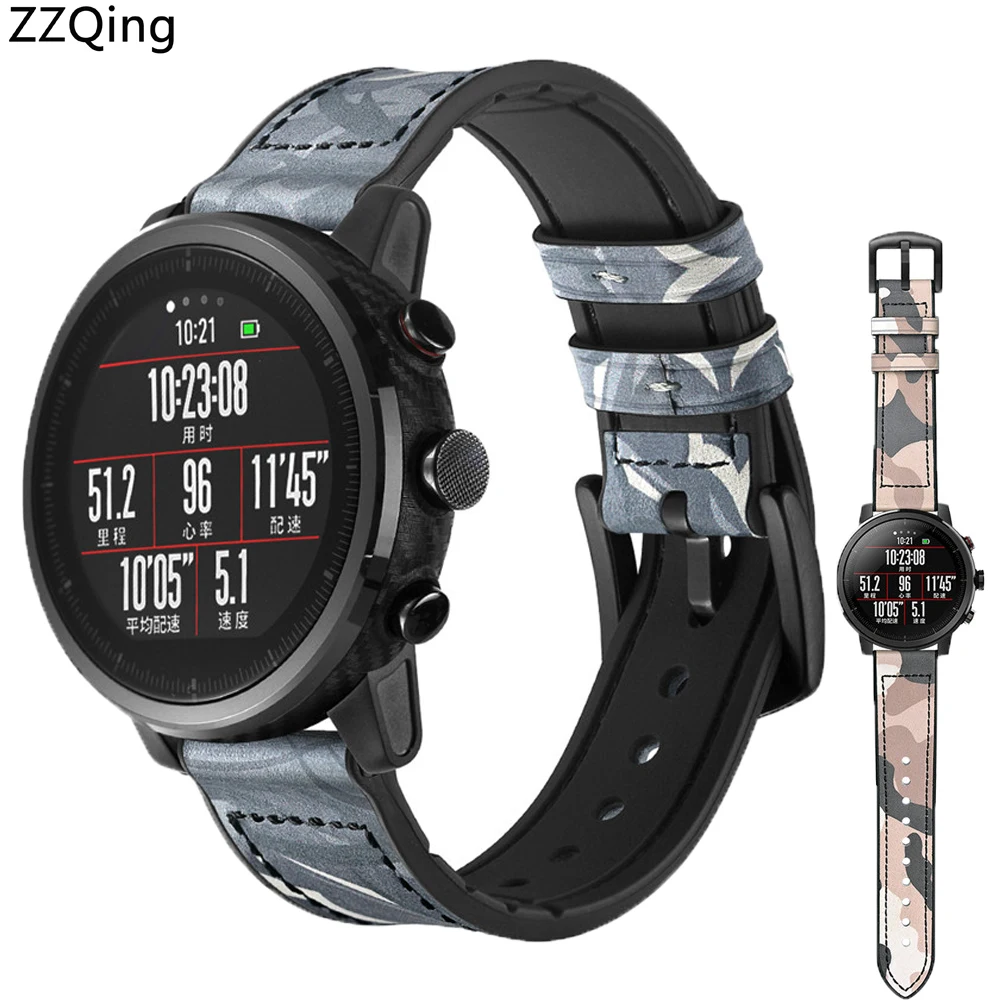 Камуфляжный кожаный+ Силиконовый ремешок для Xiaomi Huami Amazfit Pace 2 Stratos ремешок Смарт-часы браслет 22 мм Размер ZZQing
