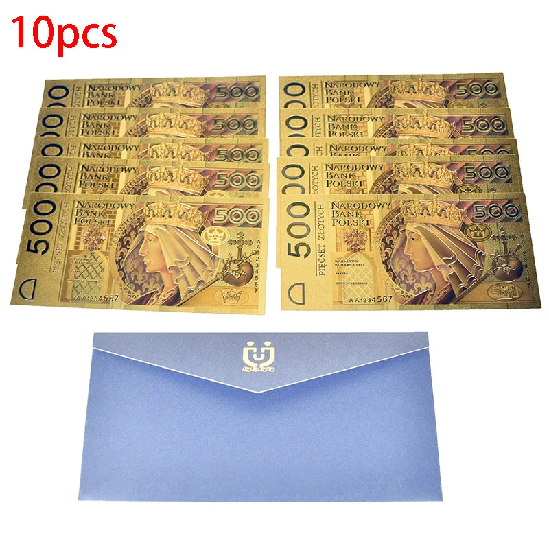 

10pcs 24K gold Foil Bill Banknote Poland Currency designed colored 500 PLN for Bank souvenir gift