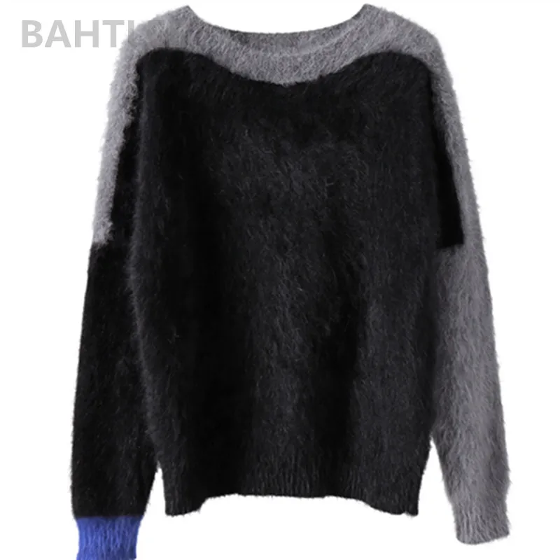 

BAHTLEE Autumn Winter Women's Angora Pullovers Sweater Knitted Mink Cashmere O-Neck Multicolor Geomtric Keep Warm Loosefir Thick