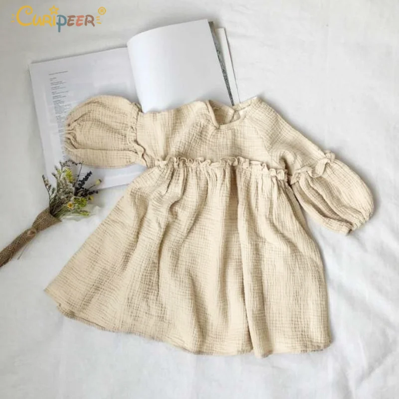 Curipeer 2019 Spring Kids Girl Dresses Linen Loose Beige Princess Dress Long Lantern Sleeve Korean Country Style Ruffles | Детская