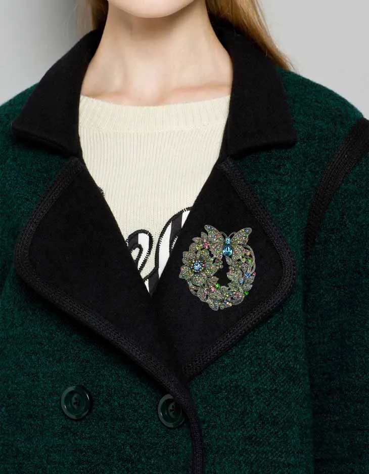 Винтажные Стиль большой цветок бабочка брошь булавка кулон черный Crystasls Стразы