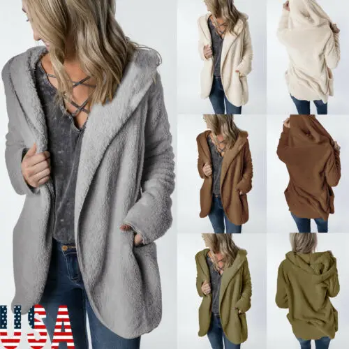 HOT Autumn Women's Long Sleeve Oversized Casual Loose Solid Hooded Knitted Sweater Plush Warm Cardigan Outwear Top |