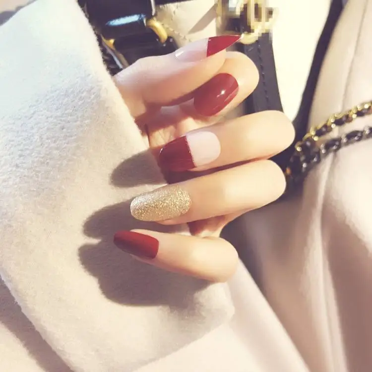 Medium Round Press On Nails Golden Glitter Decoration Artificial Wine Red Fake Tips Long 24pcs/kit | Красота и здоровье