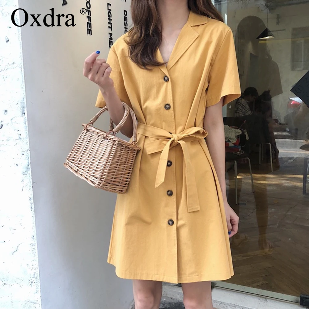 Oxdra отложной воротник короткое платье одноцветное Мини платья с поясами 2019
