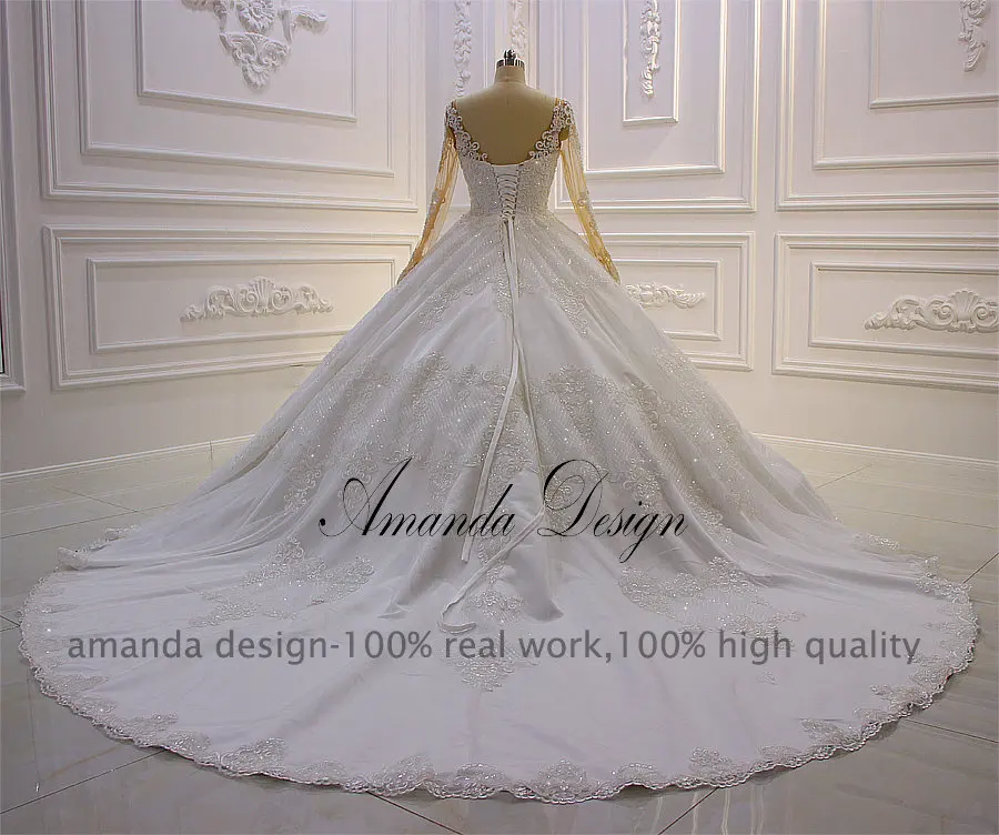 Свадебное платье с длинным рукавом кружевной аппликацией и бисером|Свадебные