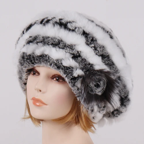 grey and white Новая женская вязаная Настоящий мех кролика шапка натуральный мягкий Настоящий мех кролика шапки женские зимние теплые Настоящий мех кролика шапки - Цвет: grey and white
