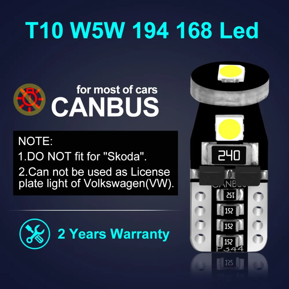 10 шт. T10 W5W светодиодный 194 168 Canbus Error Free лампы 3030 автомобильные светодиоды с чипом