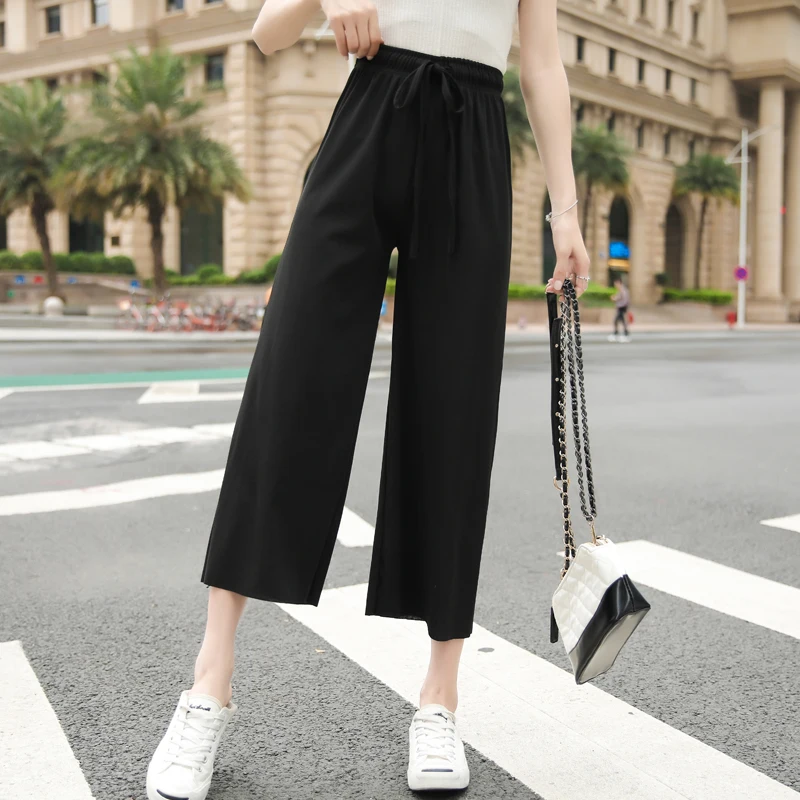 Брюки женские тонкие трикотажные с широкими штанинами свободные повседневные