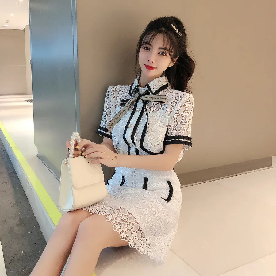 Женские комплекты хит цвет корейский Ulzzang лук лацканы Кружева полые Блузка Топы +