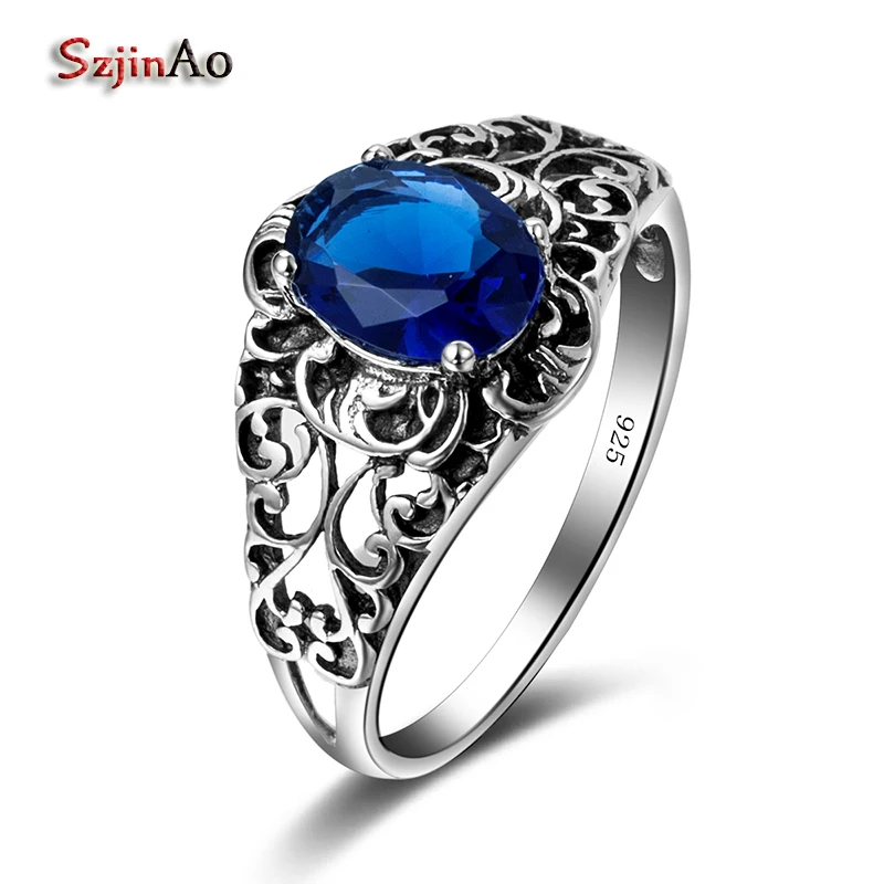 

Женское кольцо с сапфиром Szjinao, винтажное ювелирное изделие из стерлингового серебра 925 пробы с сапфиром и голубым камнем