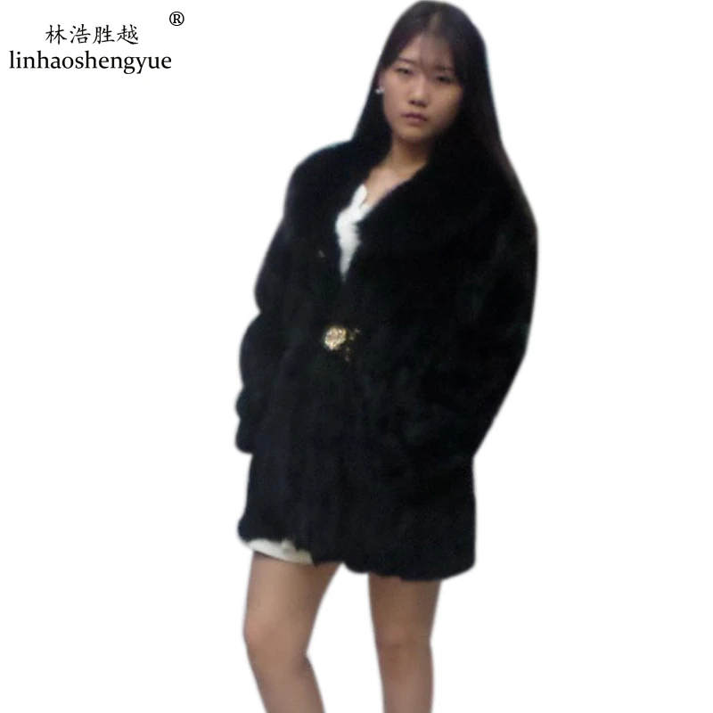 Linhaoshengyue Natural Rabbit Fur Coat  with Fox Collar