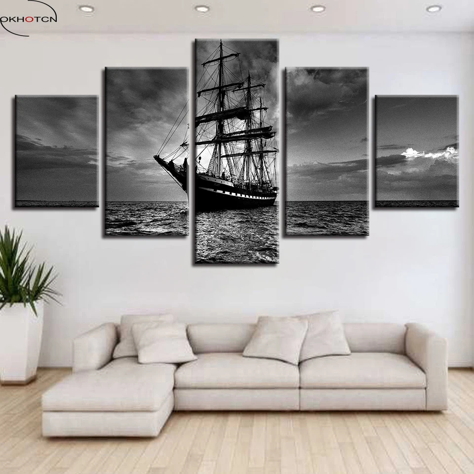 

HD Prints Decor Modern Room Wall Art Frame 5 Pieces Boat On The Sea Night Scene Paintings Poster Modular Canvas Pictures Artwork