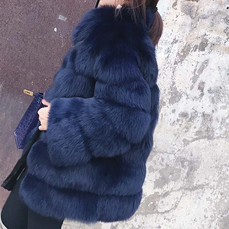 navy faux fur coat Женская зимняя коллекция, Роскошные куртки из искусственного меха, пальто, мохнатая, утолщенная, теплая верхняя одежда, пальто Ins, модное, уличное пальто из искусственного меха лисы - Цвет: navy faux fur coat