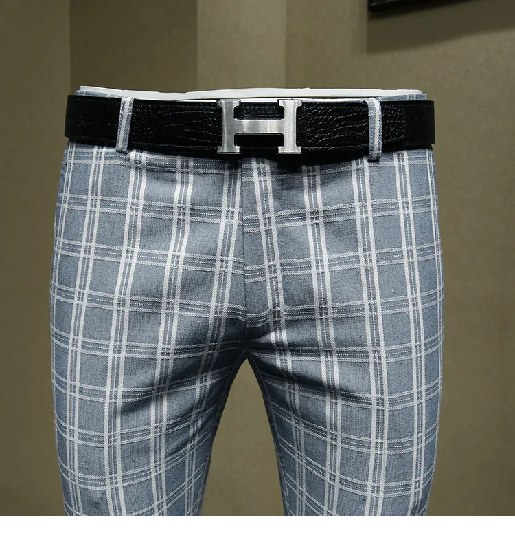 Мужские брюки 25% хлопок 10% лен синий плед укороченные брюки slim fit Мужской Костюм Уличная летняя новое поступление Свадебный Жених
