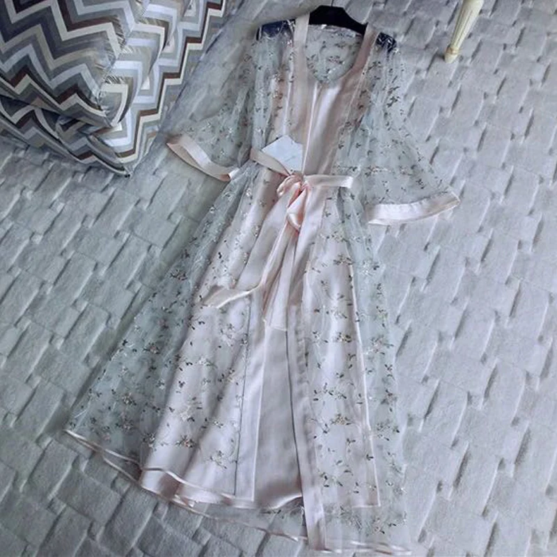 Женская шелковая ночная рубашка с цветочной вышивкой комплект из 2