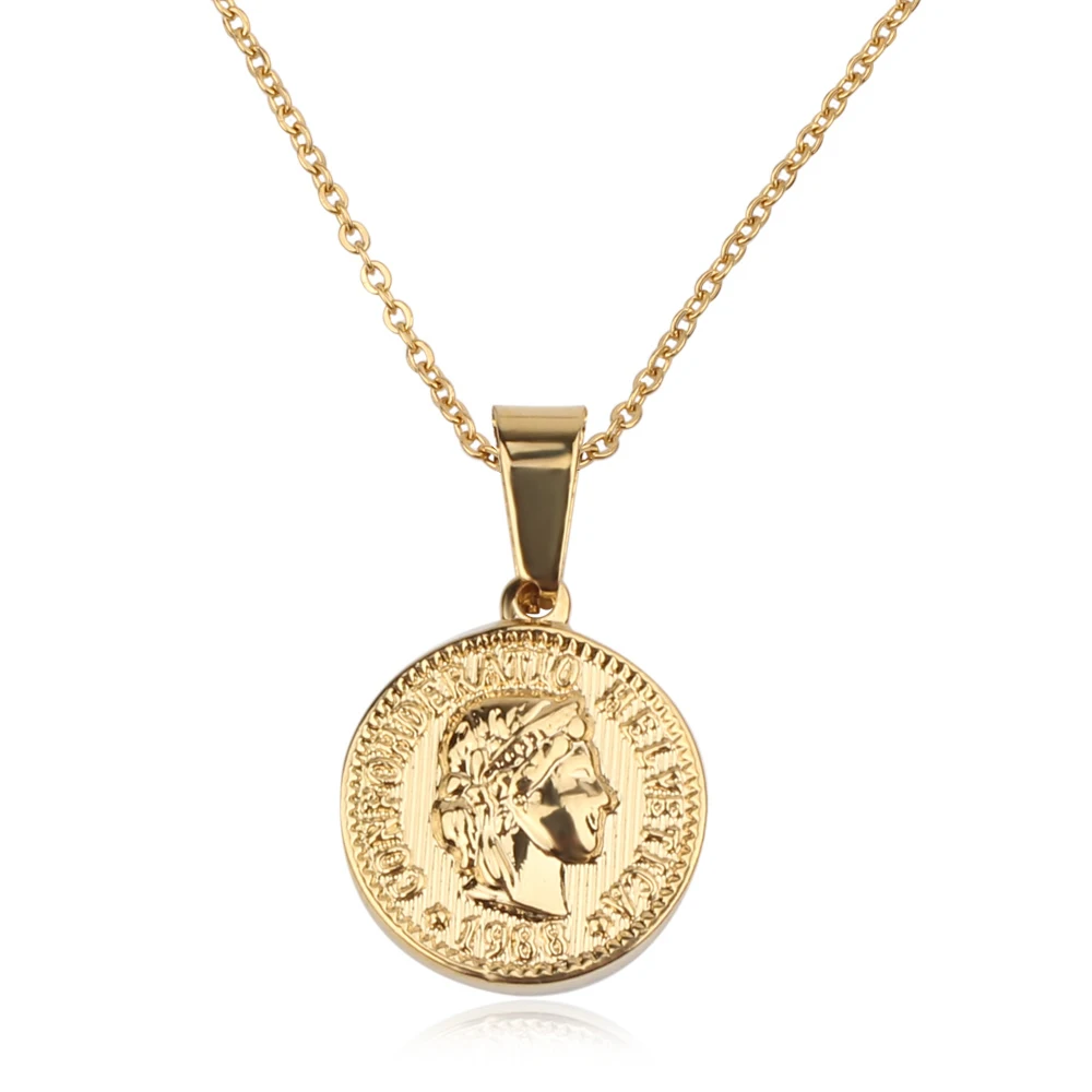 Gold FINE4U N168 золотого цвета, круглая подвеска с монетным диском, ожерелье s для женщин, цепочка из нержавеющей стали, ожерелье queen Elizabeth, ювелирные изделия с монетами - Окраска металла: Gold