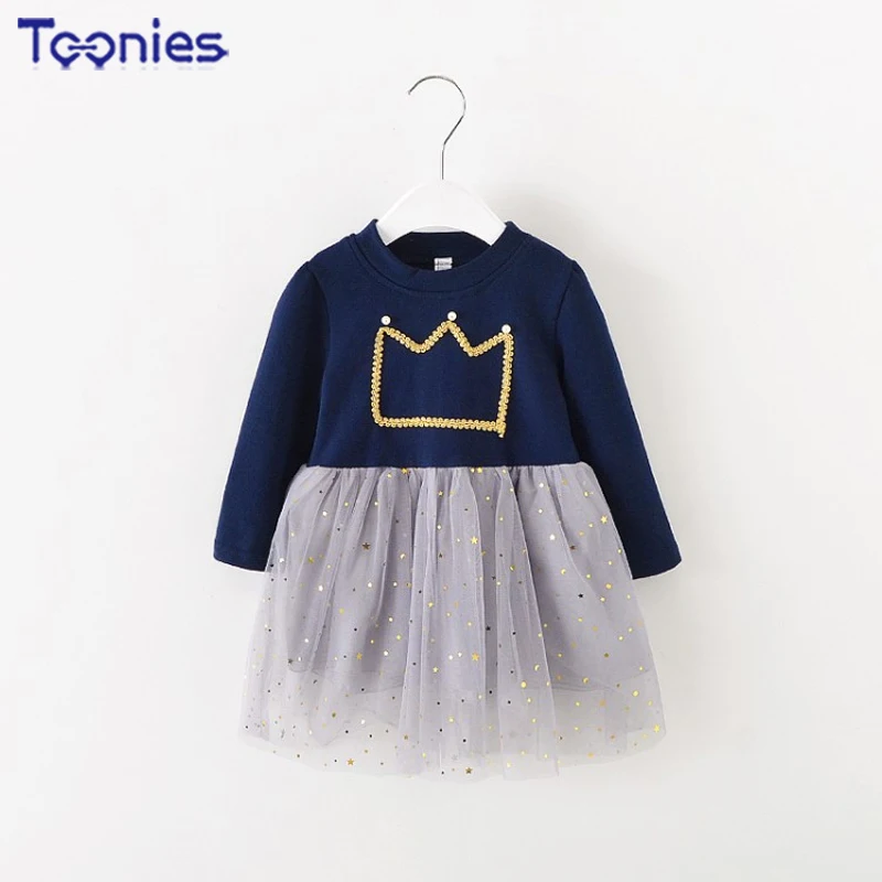 Элегантная вышивка корона платье 2018 одежда для малышей Одежда девочек длинный
