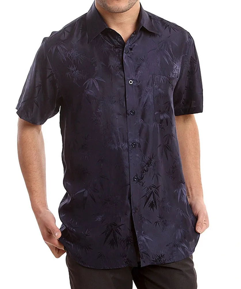 Dark Blue Мужская рубашка с коротким рукавом из бамбукового жаккарда, шармез, чистый шелк, деловые рубашки с коротким рукавом, размеры L XL XXL XXXL - Цвет: Dark Blue