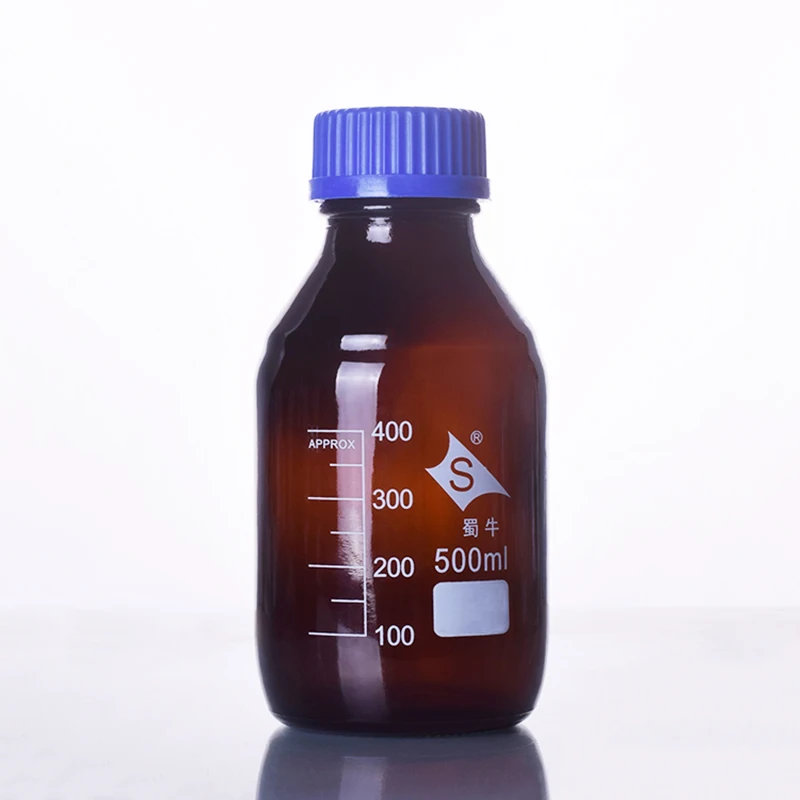 Brown reagent bottle,With blue screw cover,Normal glass,Capacity 500ml,Graduation Sample Vials Plastic Lid