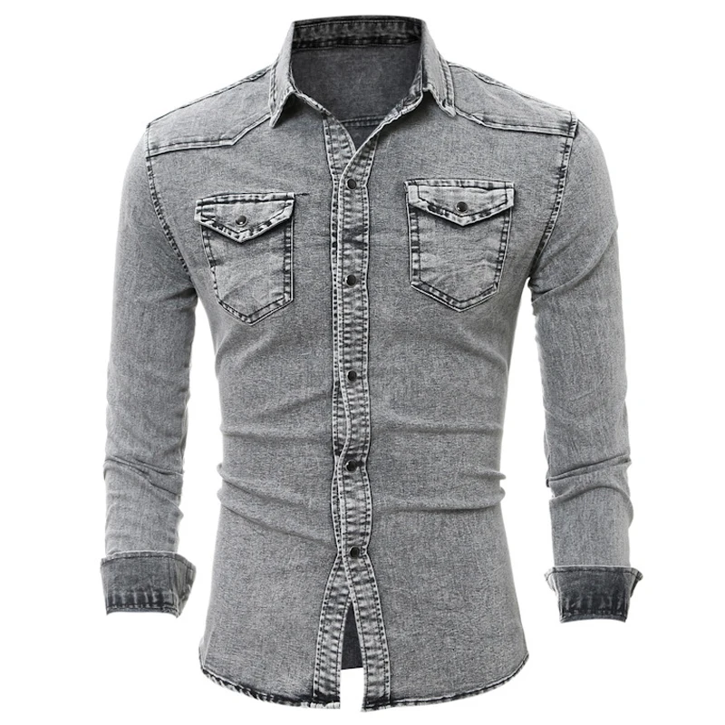 

2019 Spring Denim Shirt Men Long Sleeves Slim Fit Double Pocket Cotton Dress Shirts Casual Male Solid Camisa Masculina