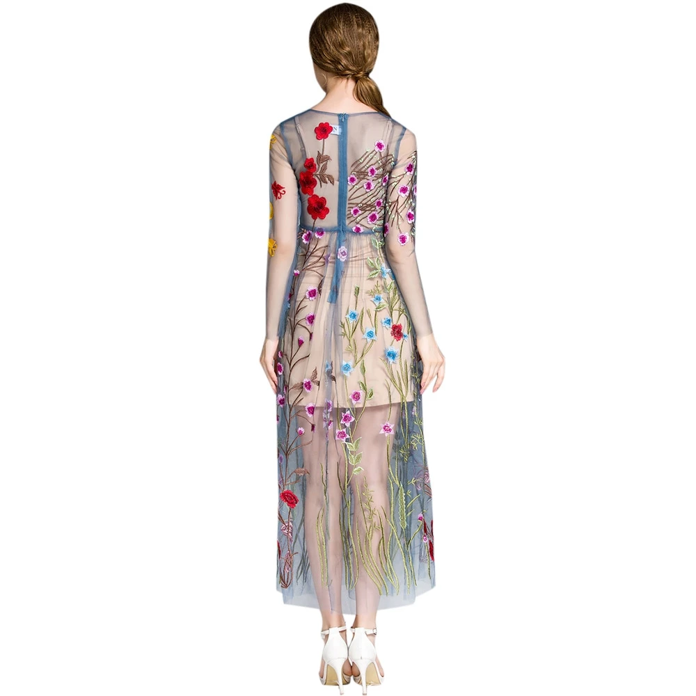 Цветочная вышивка женское летнее платье коктейльное с длинным рукавом на