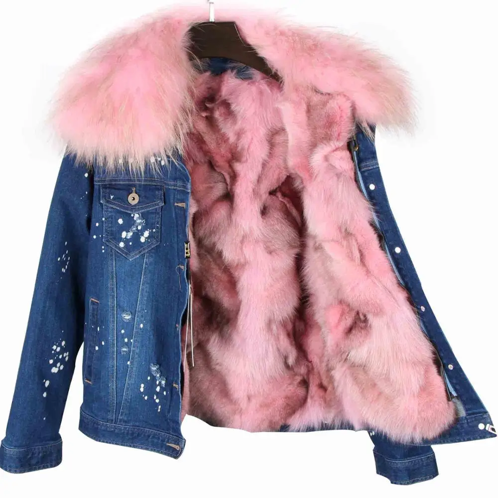 pink fur black tips MaoMaoKong, Женское зимнее пальто, большой воротник из меха енота, джинсовая подкладка из натурального Лисьего меха, верхняя одежда, брендовые стильные парки - Цвет: pink fur black tips