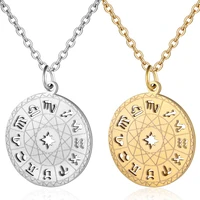 small round 12 constellations pendant chain for women girl gold color stainless steel zodiac sign necklace fashion jewelry