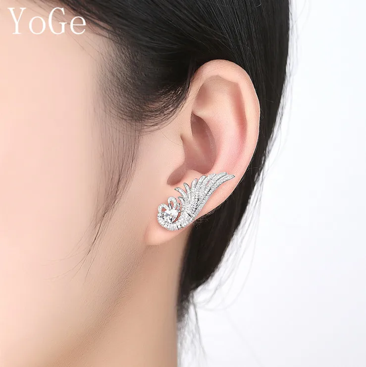 YoGe E0004 Fashion design AAA cubic zirconia Wings inlaid with the main stone big stud earrings women's accessaries | Украшения и