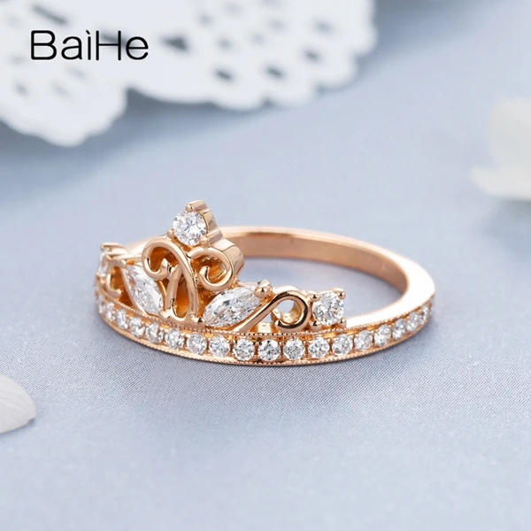 BAIHE, 14 к, розовое золото, 0.12ct, сертифицировано H/SI, Круглый, с натуральными бриллиантами, обручальное кольцо для женщин, модное, ювелирное изделие, корона, подарок, кольцо