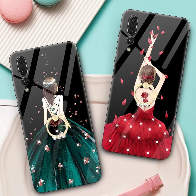 Чехлы из закаленного стекла для huawei P20 Pro чехол свадебной девочки Rhinestone Finger Ring P 20Pro
