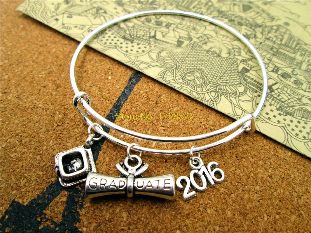 

3pcs/lot Hot sale 65mm bangles 2016 graduation bangles Antique silver Graduation Cap, Graduation charms