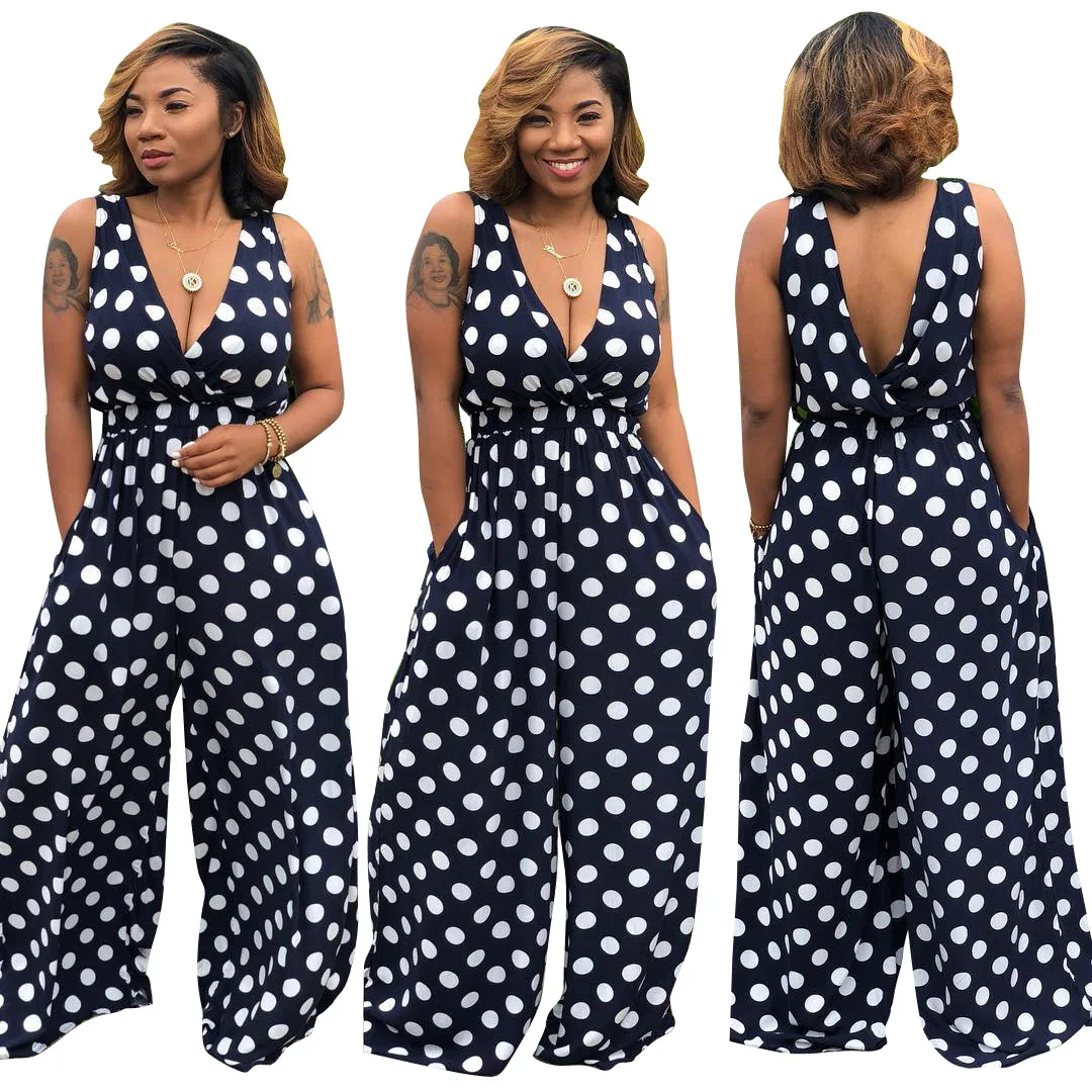 Женский Летний комбинезон в горошек с v-образным вырезом без рукавов с широкими штанинами, повседневный пляжный праздничный Ромпер женский костюм пляжного типа