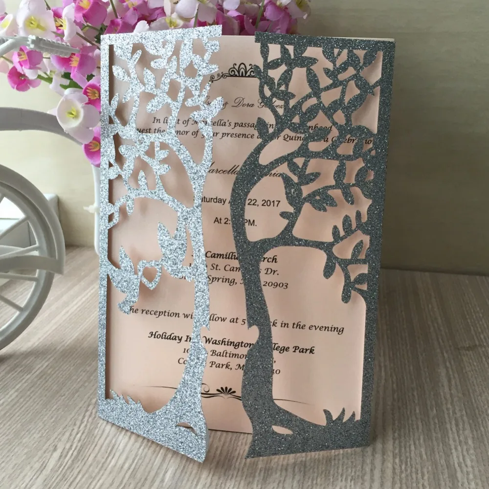 

50pcs New Shining Glittery Paper Luxury Silver Wedding Party Invitation card with love Bird wedding favors Decoration supplier