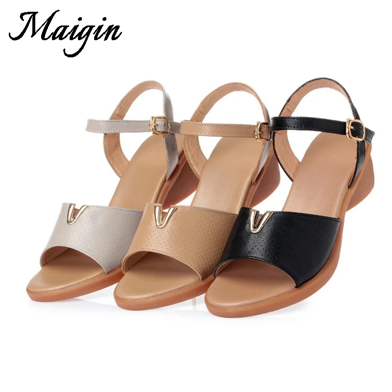 Maigin Cow Leather Women Sandals 2018 New Peep Toe Genuine Block Heel Summer Shoes Buckle Ladies | Обувь