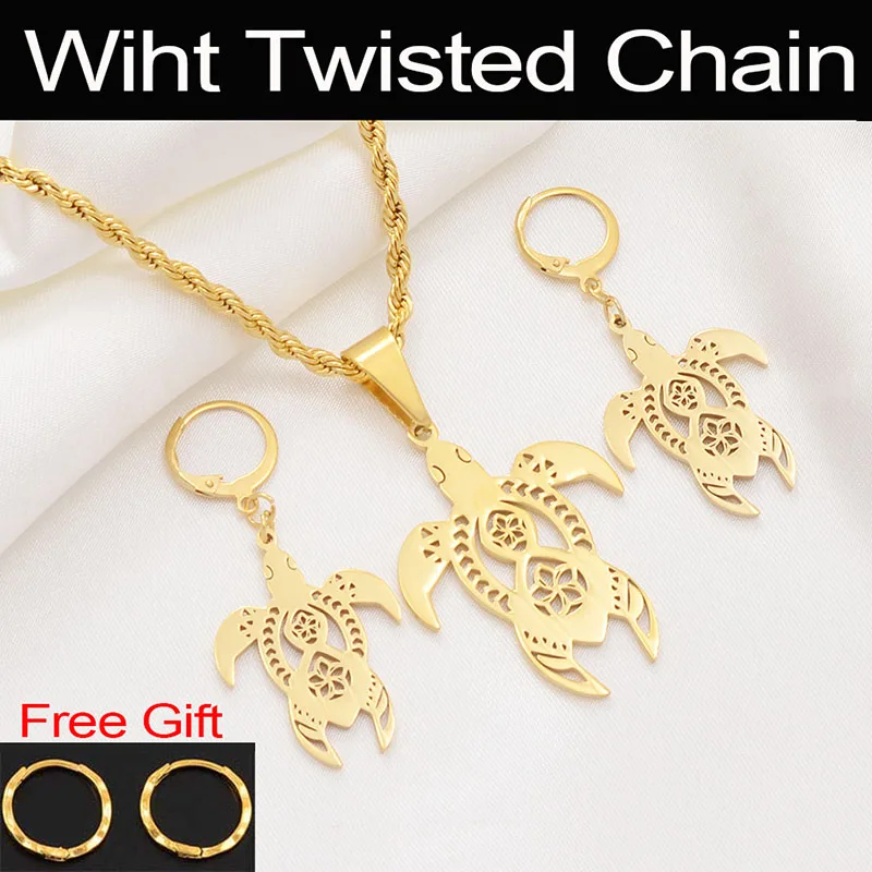 With Twisted Chain Anniyo Hawaii черепаха цветы ожерелья серьги Микронезия вечерние Ювелирные наборы Гуам черепаха для женщин девочек подарок на день рождения#108321 - Окраска металла: With Twisted Chain