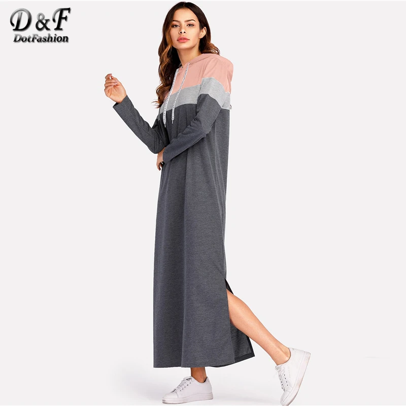 Dotfashion серый цвет-блок сплит боковая Толстовка платье женская одежда осень повседневное с капюшоном длинным рукавом прямое Макси платье