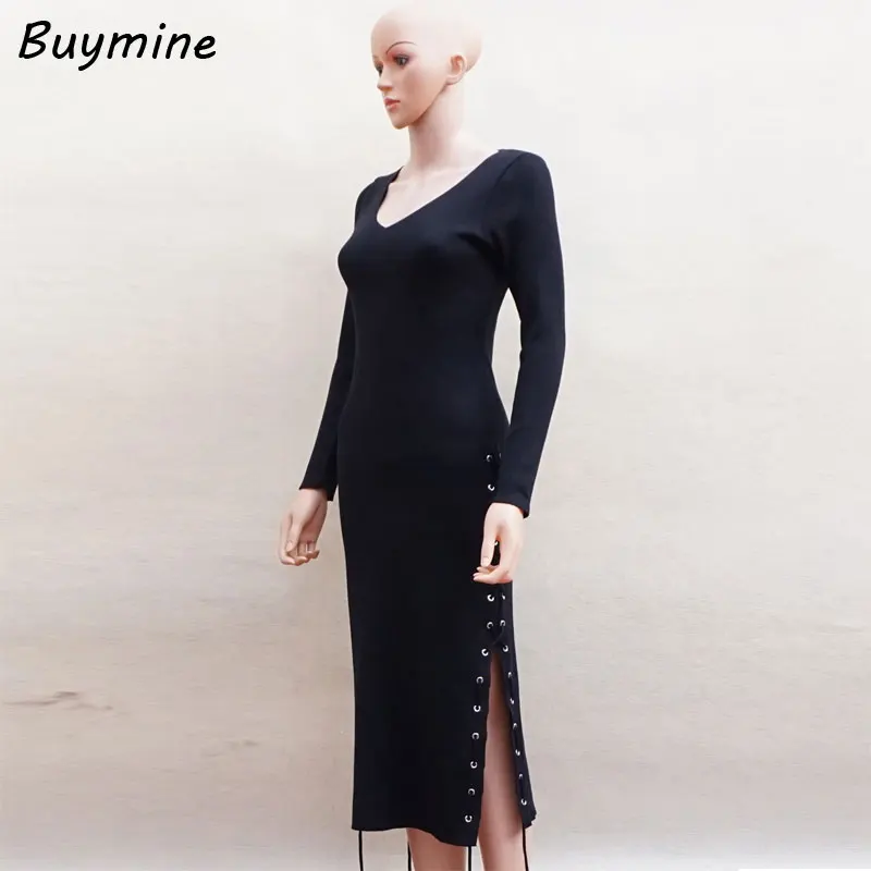 Side Split Knitted Sweater Dress Fashion Metal Eyelet Bandage Dresses Lengthened Autumn Winter Slimming in | Женская одежда
