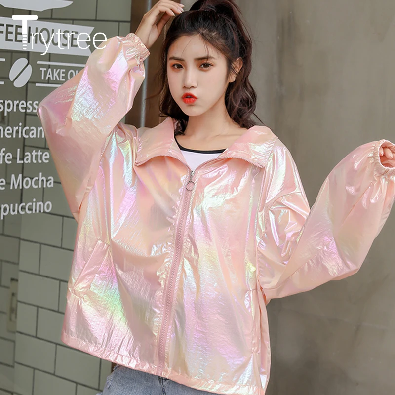 Trytree летняя осенняя куртка повседневная на молнии Женская Блестящая полиэфирная
