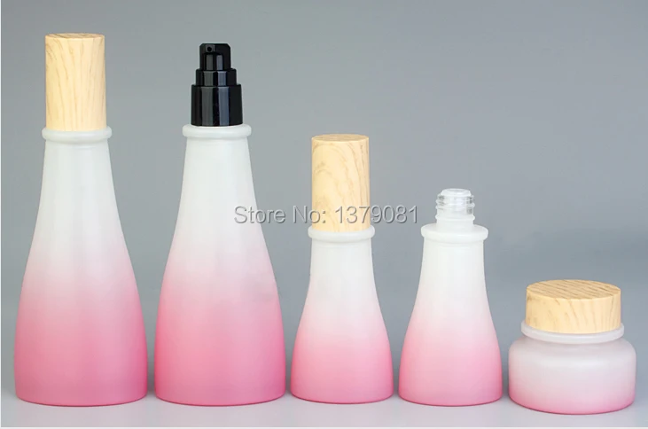 

10pcs Elegant Pink/ Green Glass Lotion Pump Bottle With White Wood Grain Cover, High Grade Facial Cream Jar, DIY Makeup Tool