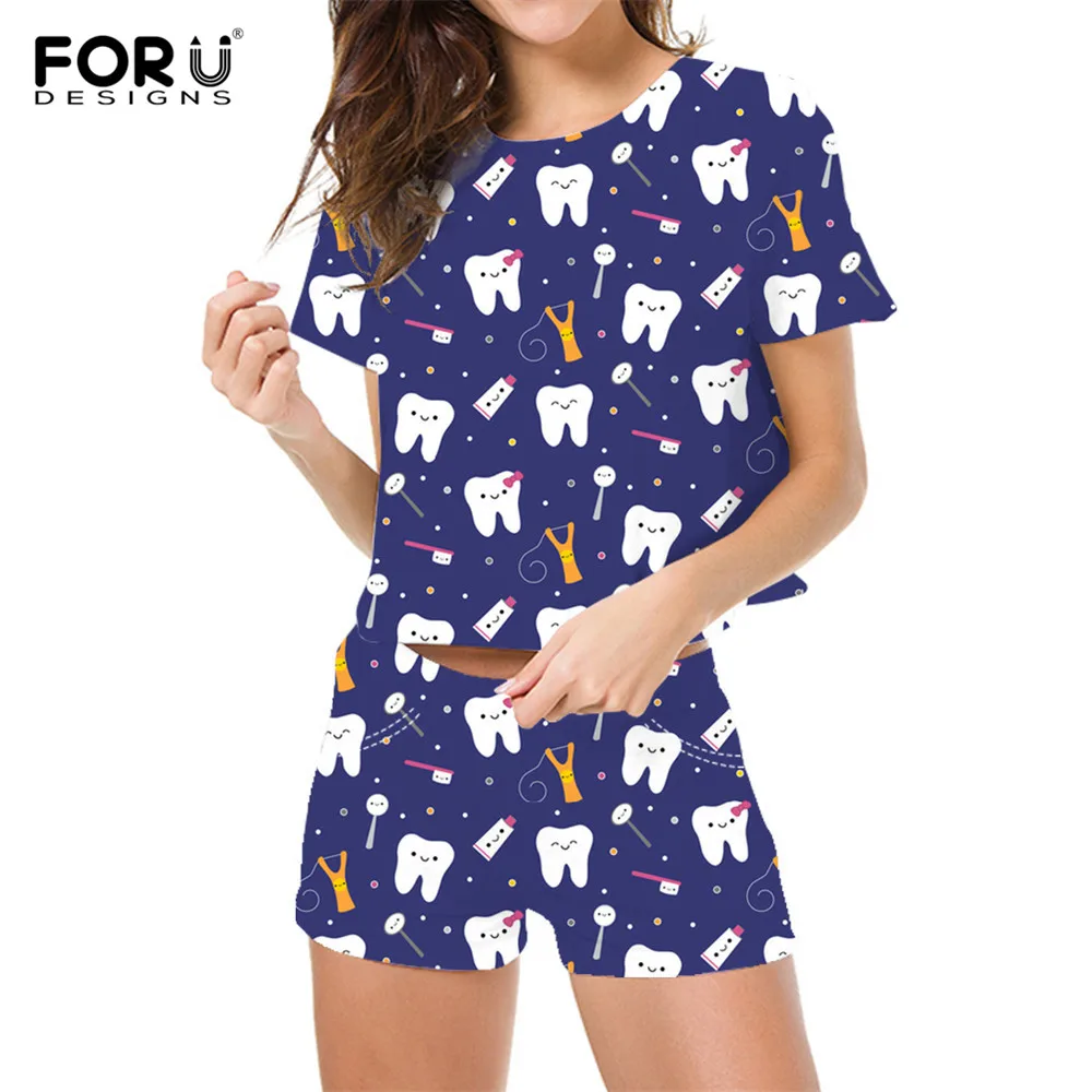 FORUDESIGNS/милые женские летние шорты, рукава, футболка и короткие штаны, принт с героями мультфильмов, принт стоматолога, женские повседневные комплекты одежды, платье, футболки - Цвет: HX156BV-Z33