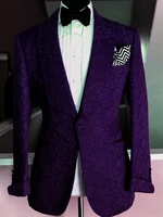 2019 new design custom made groom tuxedo dark purple floral printed men suit set for wedding prom best man suits with pants