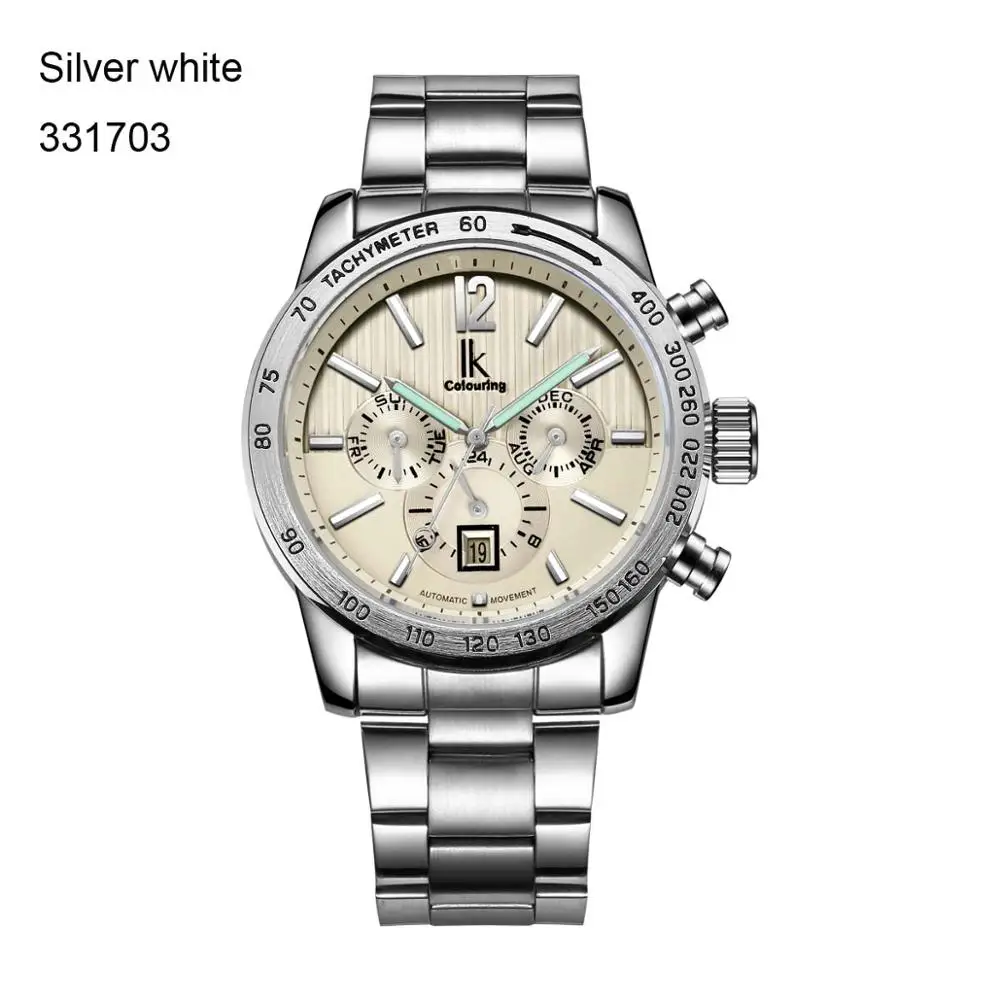 Silver white Элитный бренд IK Автоматические механические часы спортивные часы Для мужчин Автопереключение день дата 24 часа Нержавеющая сталь браслет часы Reloj Hombre - Цвет: Silver white